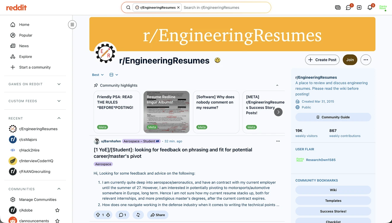 r/EngineeringResumes on Reddit homepage
