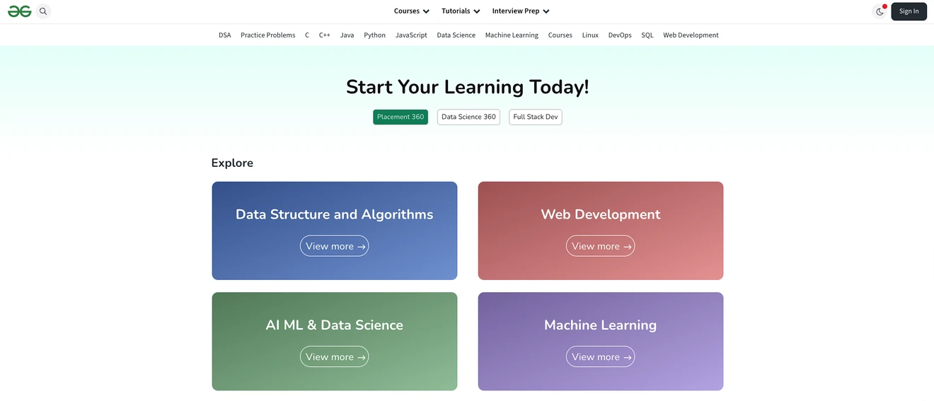 GeeksforGeeks landing page