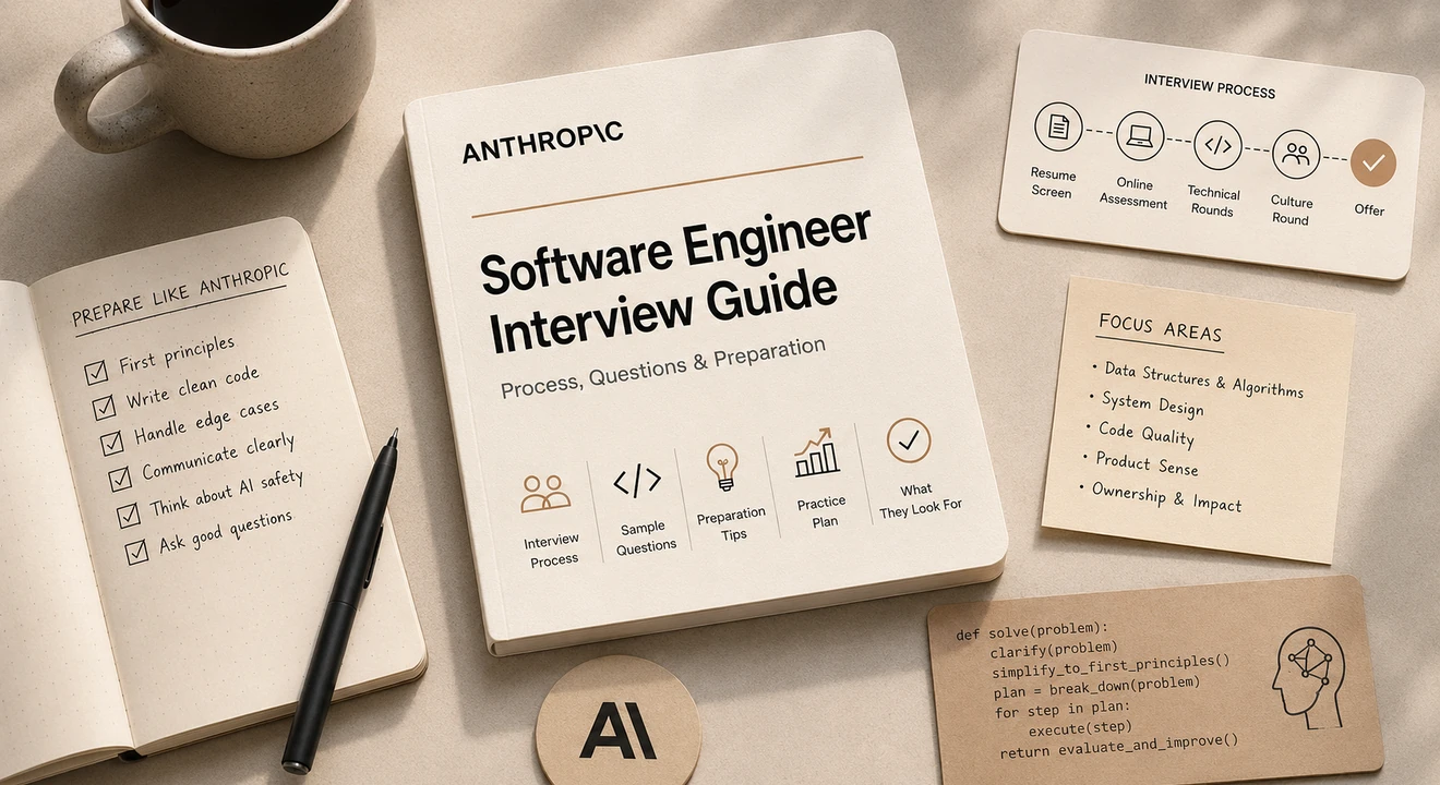 Flat-lay workspace featuring an Anthropic Software Engineer Interview Guide surrounded by interview prep notes, coding references, process diagrams, and a coffee mug in Anthropic-inspired cream and warm beige tones.