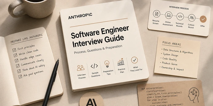 Flat-lay workspace featuring an Anthropic Software Engineer Interview Guide surrounded by interview prep notes, coding references, process diagrams, and a coffee mug in Anthropic-inspired cream and warm beige tones.