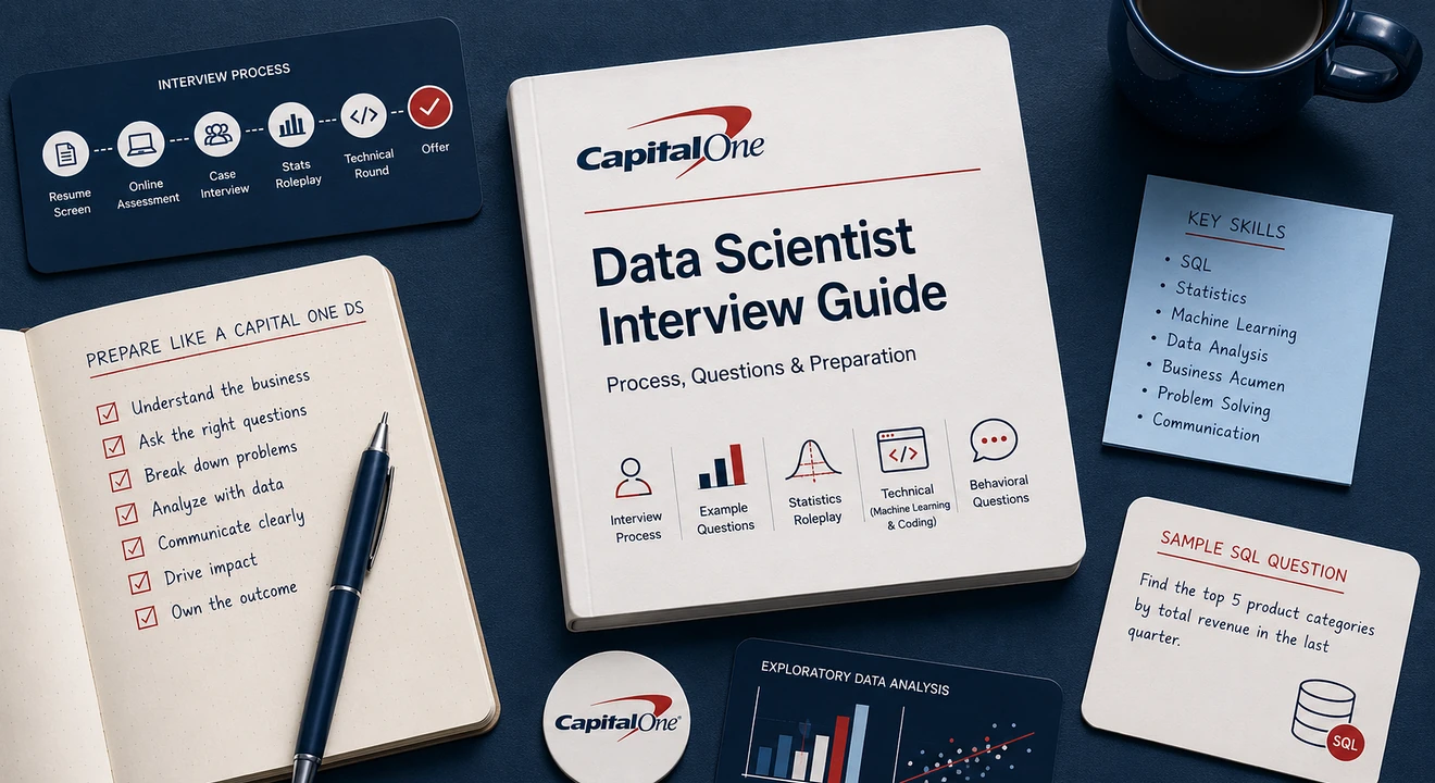Flat-lay workspace featuring a Capital One Data Scientist Interview Guide surrounded by interview process cards, statistics and machine learning notes, SQL practice, data analysis charts, and a preparation checklist.