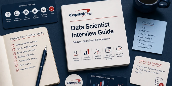 Flat-lay workspace featuring a Capital One Data Scientist Interview Guide surrounded by interview process cards, statistics and machine learning notes, SQL practice, data analysis charts, and a preparation checklist.