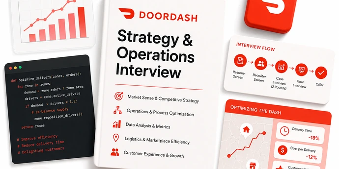 A clean flat-lay illustration featuring a DoorDash Strategy & Operations Interview guide surrounded by analytics charts, interview process cards, optimization metrics, and branded workspace items in DoorDash's signature red and white color palette.