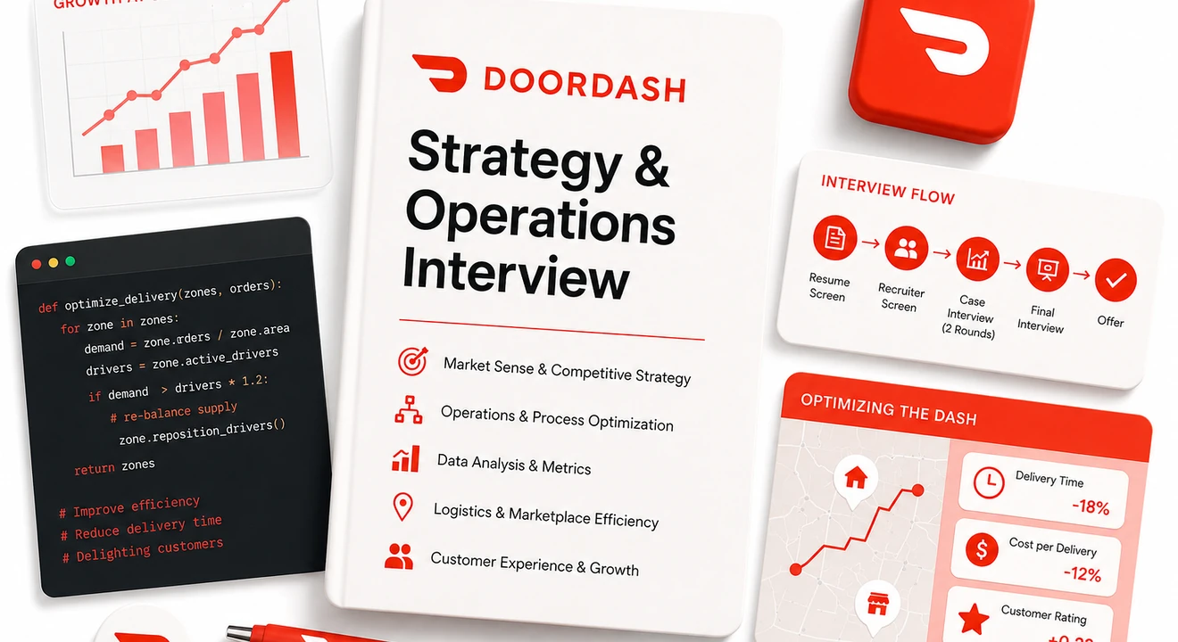 A clean flat-lay illustration featuring a DoorDash Strategy & Operations Interview guide surrounded by analytics charts, interview process cards, optimization metrics, and branded workspace items in DoorDash's signature red and white color palette.