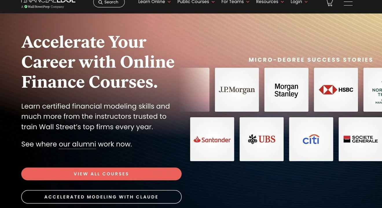 Financial Edge Training homepage promoting online finance courses and modeling programs.