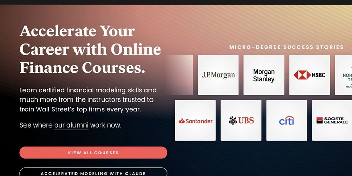 Financial Edge Training homepage promoting online finance courses and modeling programs.