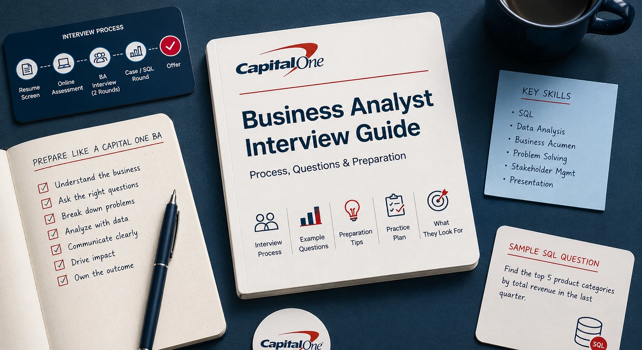 Flat-lay workspace featuring a Capital One Business Analyst Interview Guide surrounded by interview process cards, SQL and analytics notes, a preparation checklist, and a coffee mug on a dark blue desktop.