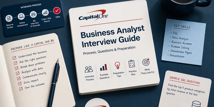 Flat-lay workspace featuring a Capital One Business Analyst Interview Guide surrounded by interview process cards, SQL and analytics notes, a preparation checklist, and a coffee mug on a dark blue desktop.