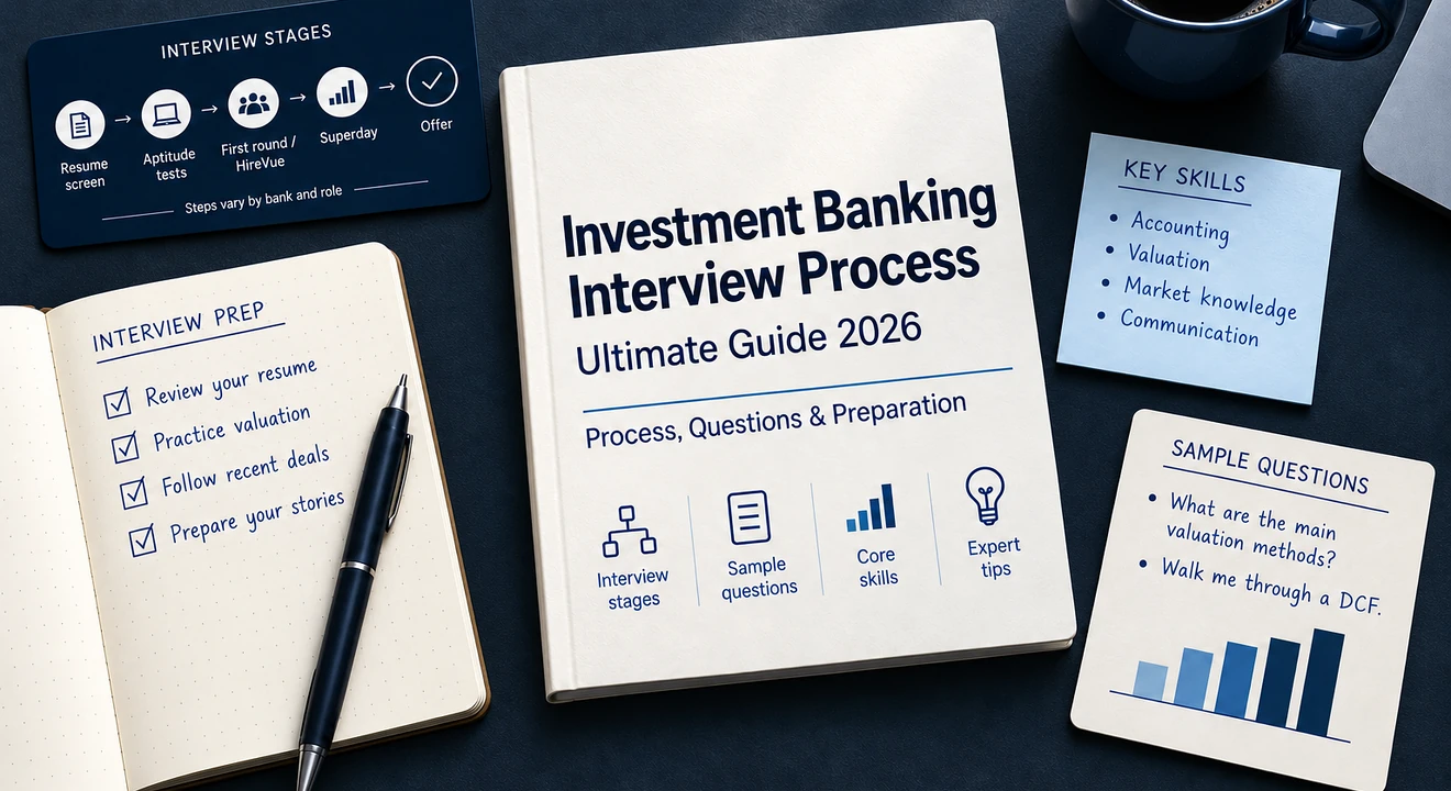 Investment Banking Interview Process guide on a desk with interview stages, key skills, sample questions, and a preparation checklist.