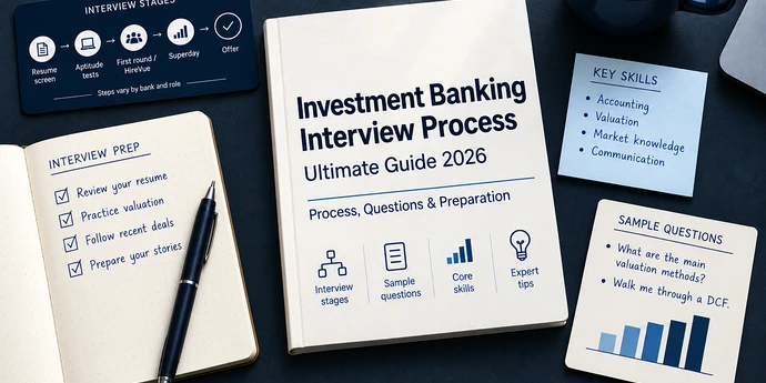 Investment Banking Interview Process guide on a desk with interview stages, key skills, sample questions, and a preparation checklist.