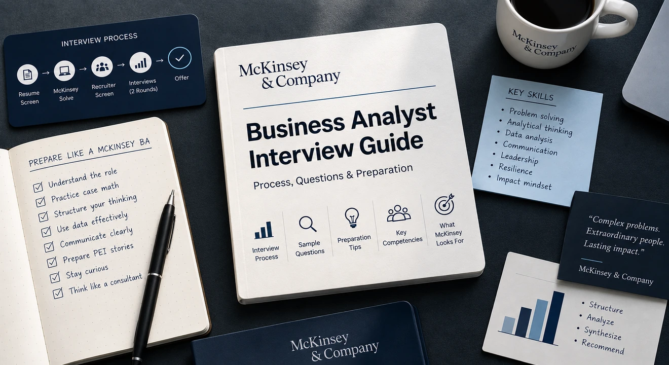 Flat-lay workspace featuring a McKinsey Business Analyst Interview Guide with case prep notes, interview process cards, key skills, and consulting frameworks.
