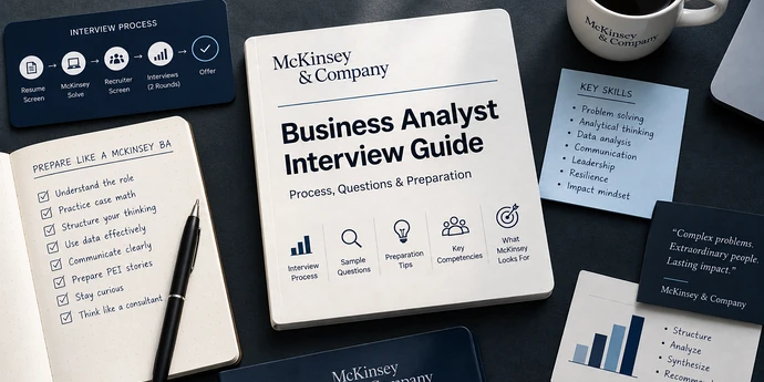 Flat-lay workspace featuring a McKinsey Business Analyst Interview Guide with case prep notes, interview process cards, key skills, and consulting frameworks.