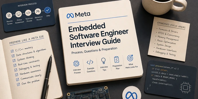 Flat-lay workspace featuring a Meta Embedded Software Engineer Interview Guide surrounded by embedded systems notes, interview process diagrams, firmware code snippets, a development board, and a coffee mug on a dark desktop background.