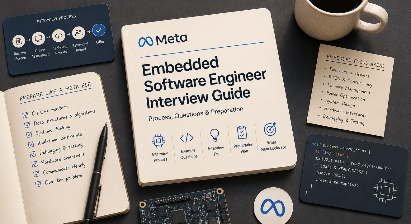 Flat-lay workspace featuring a Meta Embedded Software Engineer Interview Guide surrounded by embedded systems notes, interview process diagrams, firmware code snippets, a development board, and a coffee mug on a dark desktop background.