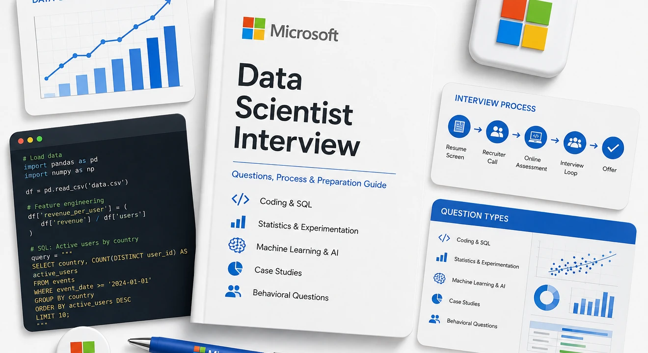 Microsoft Data Scientist Interview guide mockup with charts, code snippets, interview process, and question-type cards in Microsoft brand colors.