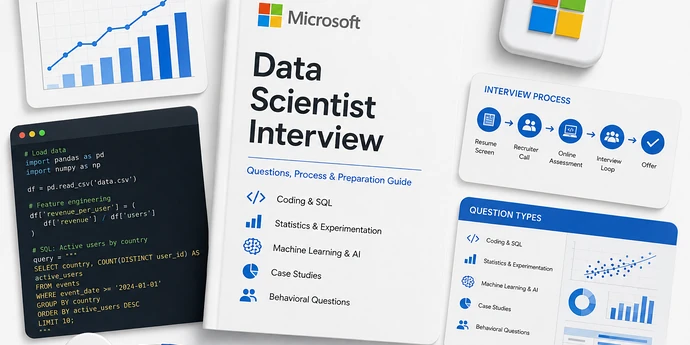 Microsoft Data Scientist Interview guide mockup with charts, code snippets, interview process, and question-type cards in Microsoft brand colors.