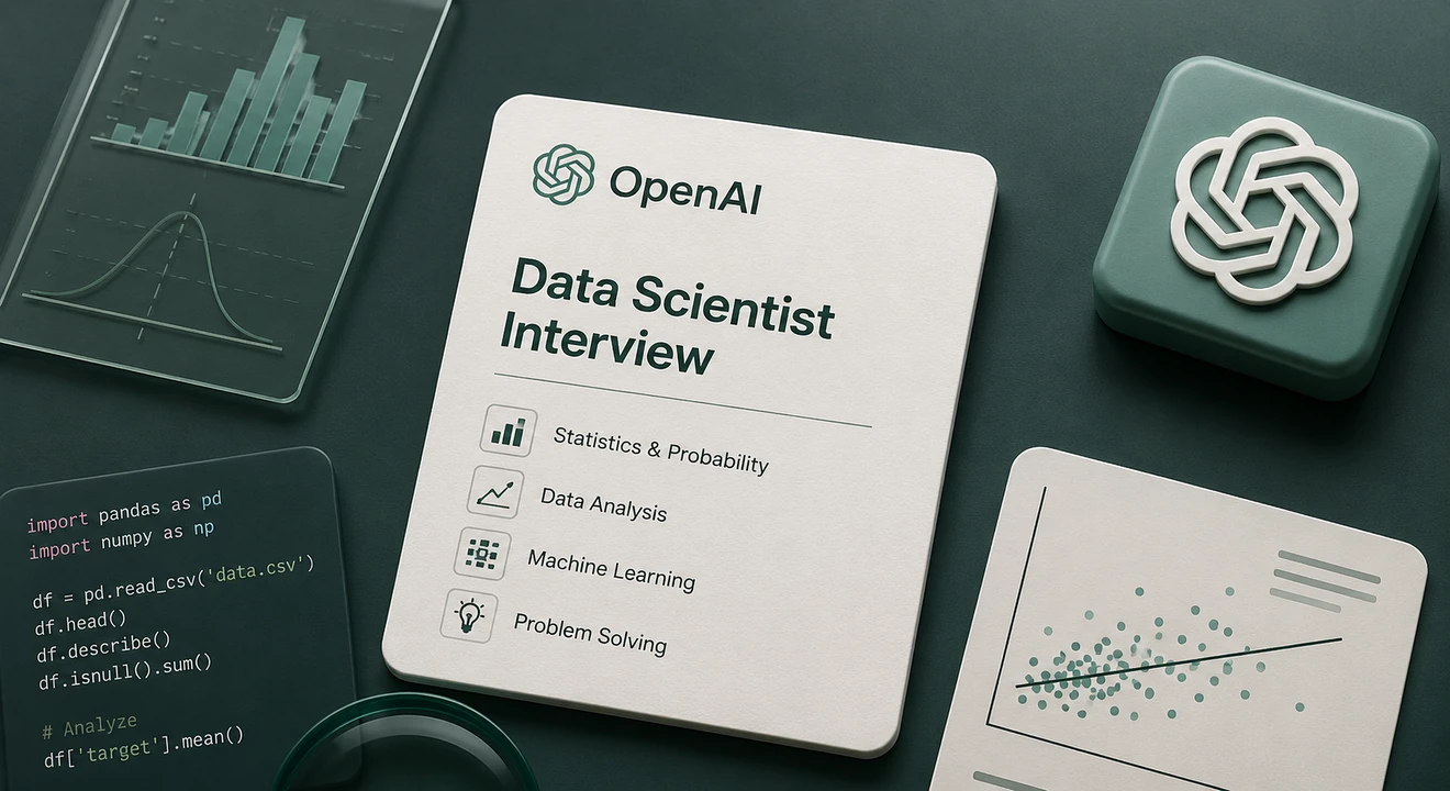 A modern flat-lay illustration featuring OpenAI branding, data science charts, code snippets, and analytics visuals arranged around a central interview preparation card on a dark teal workspace.