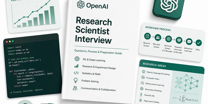 A clean flat-lay illustration of an OpenAI Research Scientist Interview guide surrounded by AI research diagrams, code snippets, interview process cards, and OpenAI-branded workspace items.