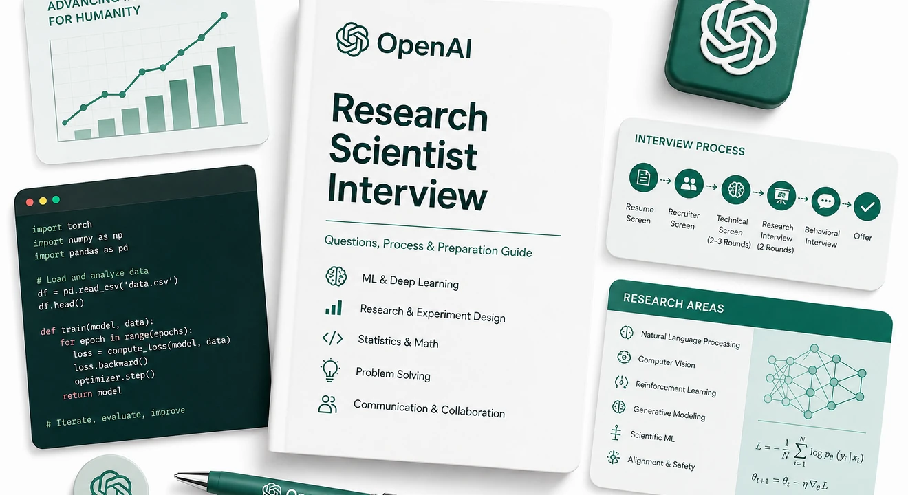 A clean flat-lay illustration of an OpenAI Research Scientist Interview guide surrounded by AI research diagrams, code snippets, interview process cards, and OpenAI-branded workspace items.