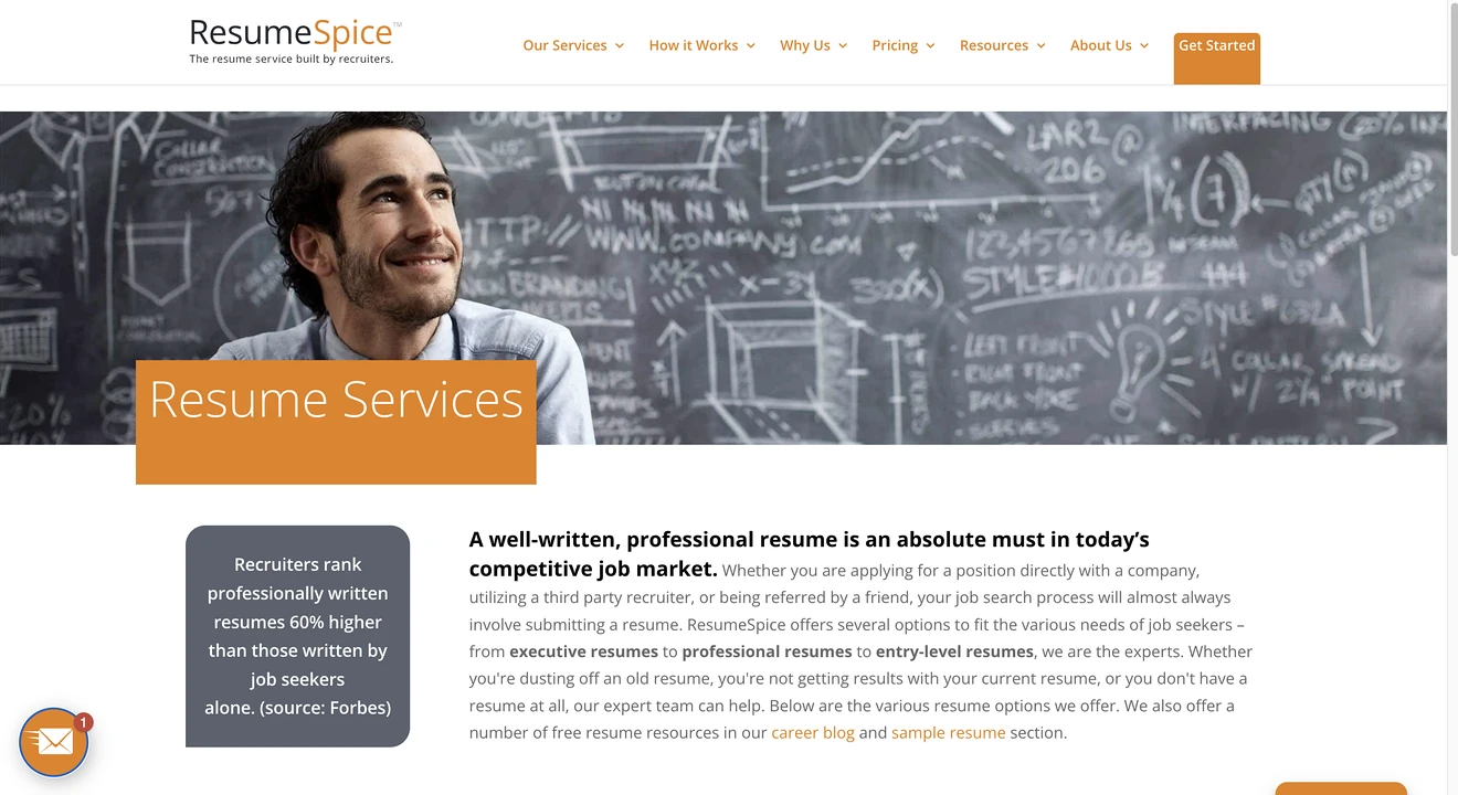 ResumeSpice website introducing its professional resume writing services.