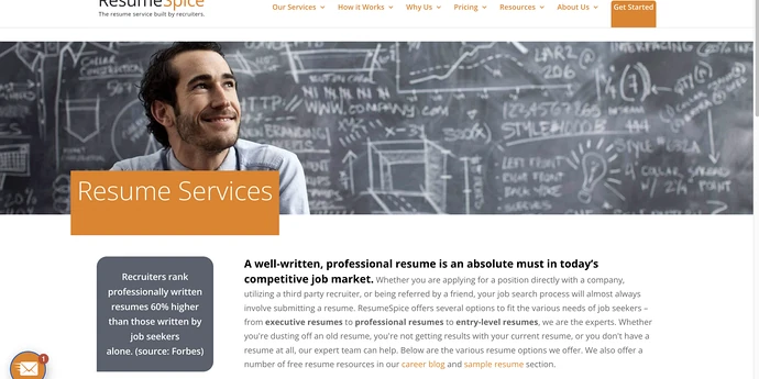 ResumeSpice website introducing its professional resume writing services.