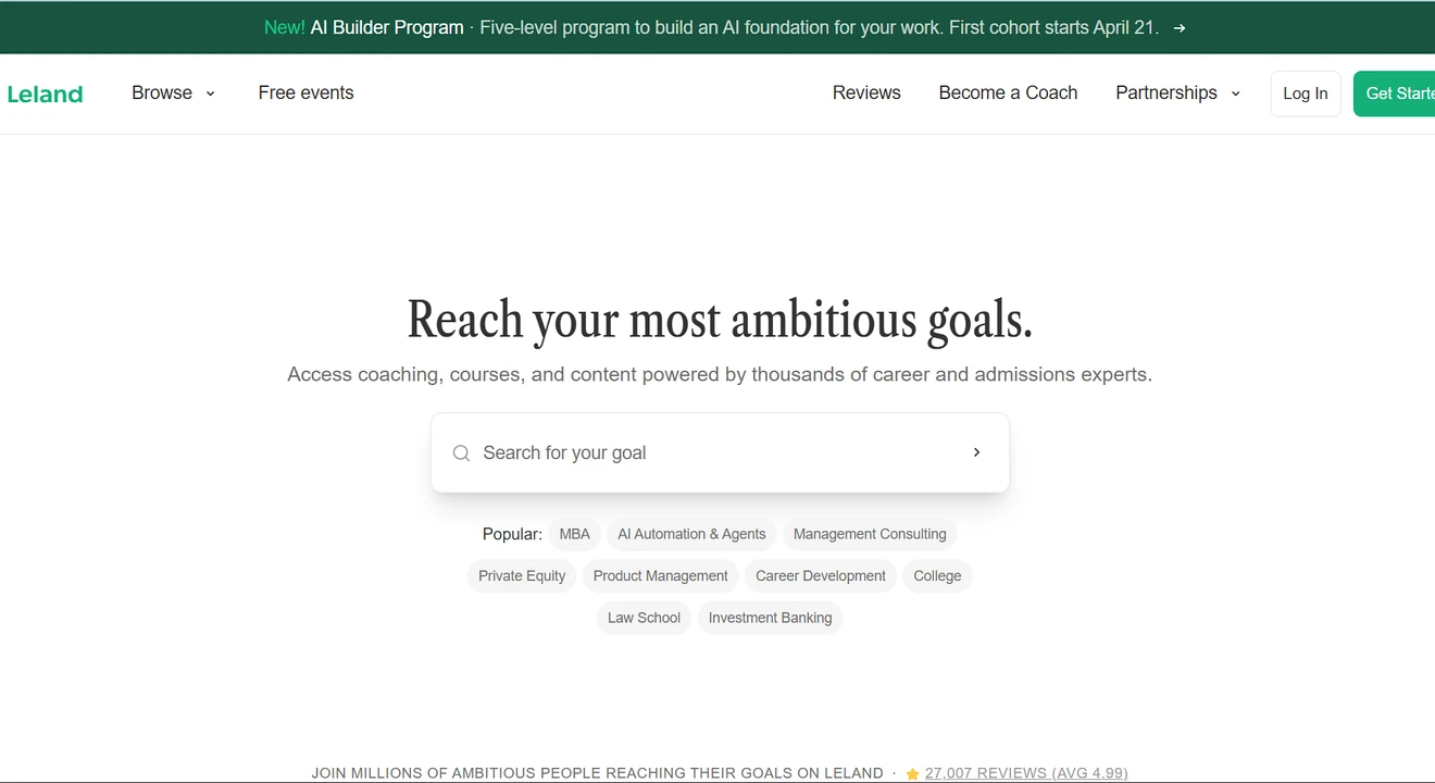 Leland platform homepage showcasing coaching services, search functionality, and categories like MBA, consulting, and investment banking