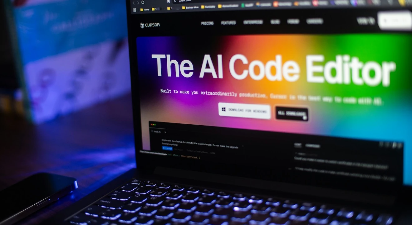 Laptop displaying the Cursor AI code editor homepage with colorful neon lighting and blurred coding interface in the background.