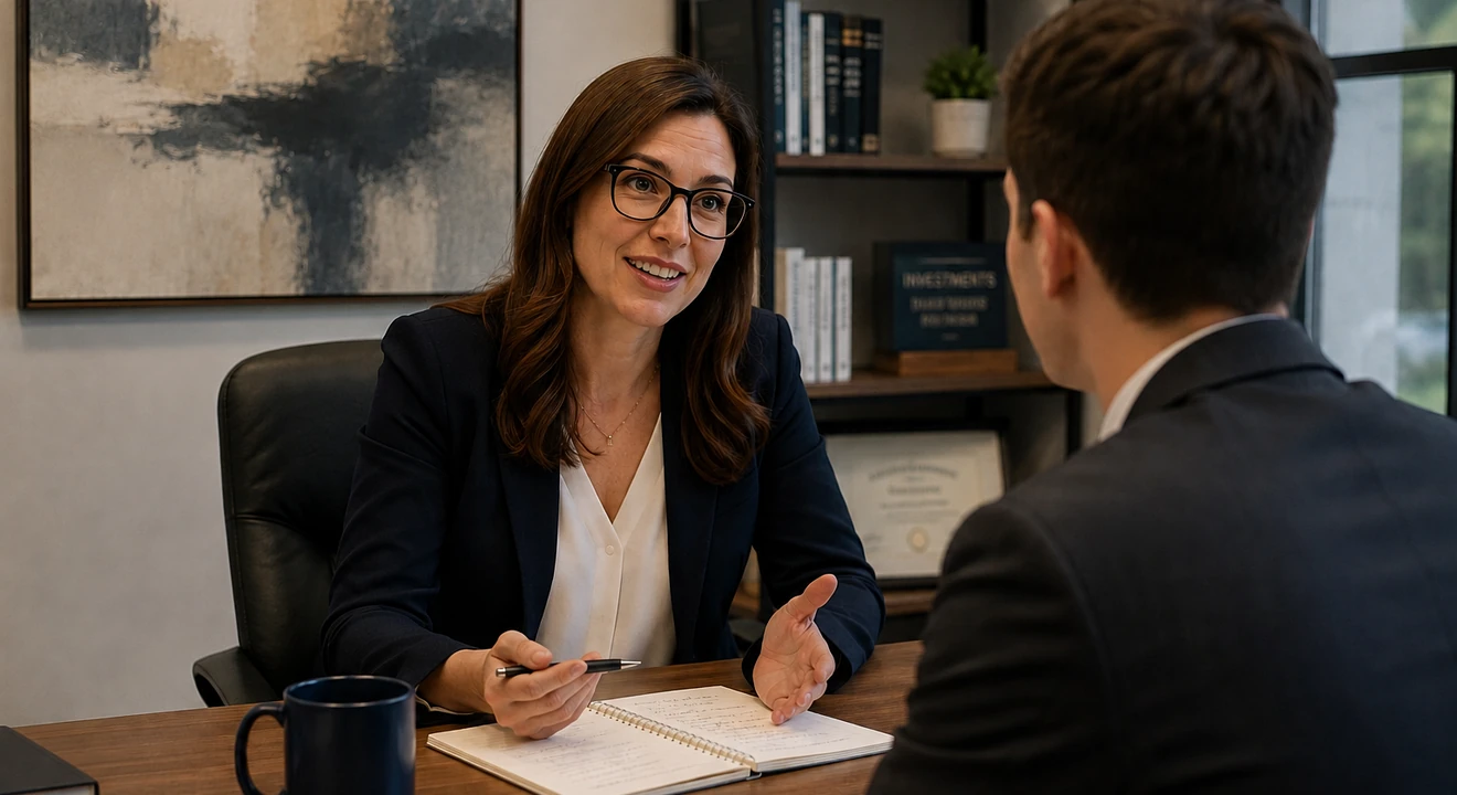 Finance career coach meeting with a client in a modern office with an abstract painting and bookshelf in the background.