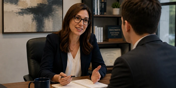 Finance career coach meeting with a client in a modern office with an abstract painting and bookshelf in the background.