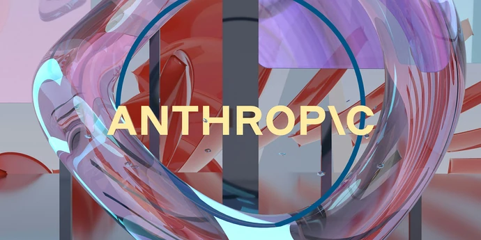 Abstract 3D graphic with light yellow text reading 'ANTHROPIC' framed by a blue ring and translucent glass waves.