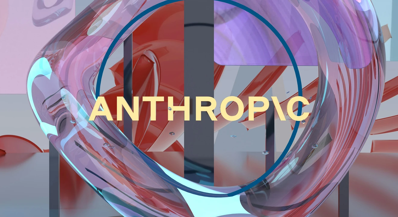 Abstract 3D graphic with light yellow text reading 'ANTHROPIC' framed by a blue ring and translucent glass waves.