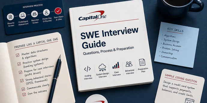 a book titled capital one swe interview guide with sticky notes with tips on them
