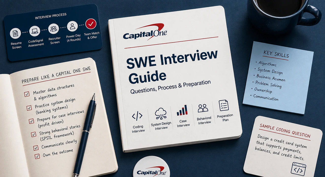 a book titled capital one swe interview guide with sticky notes with tips on them