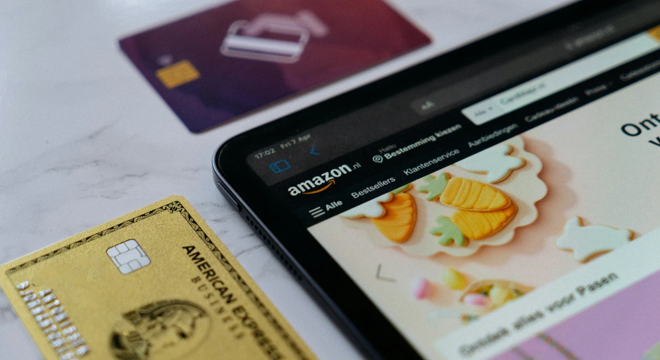 Amazon logo and website on a tablet screen