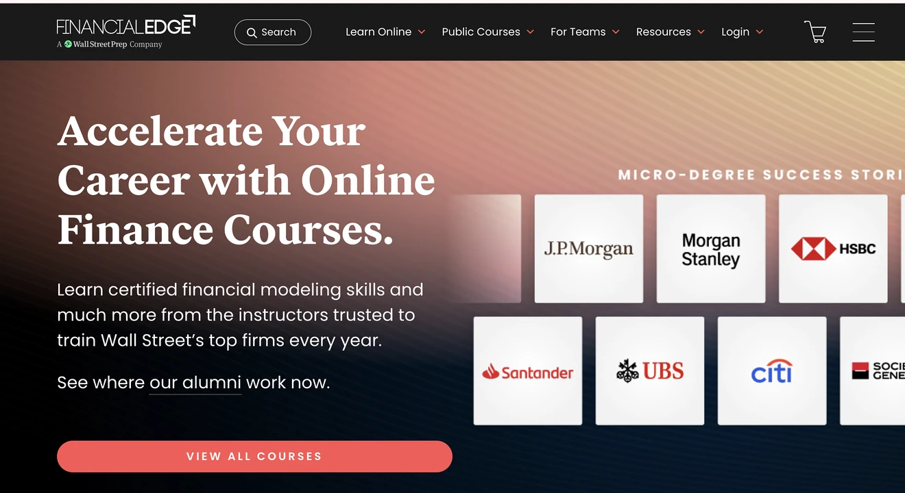 Financial Edge Training homepage promoting online finance courses and modeling programs.