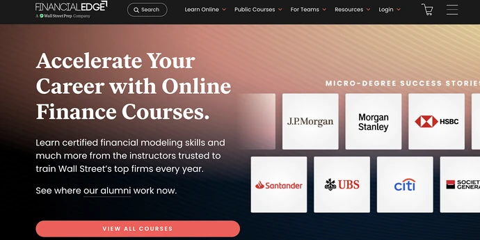 Financial Edge Training homepage promoting online finance courses and modeling programs.