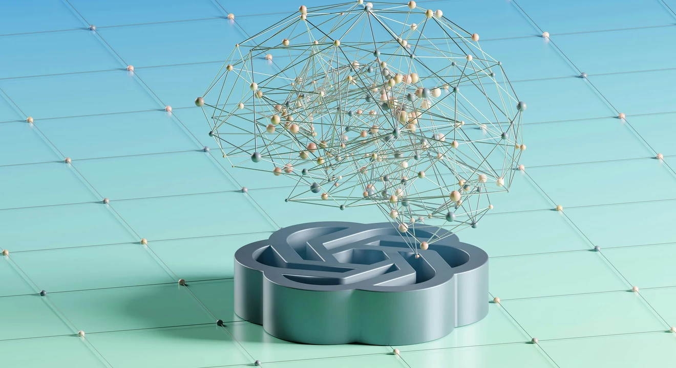 3D illustration of an AI logo beneath a floating network of interconnected nodes, set against a blue and turquoise grid background.