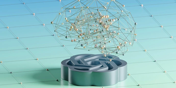 3D illustration of an AI logo beneath a floating network of interconnected nodes, set against a blue and turquoise grid background.