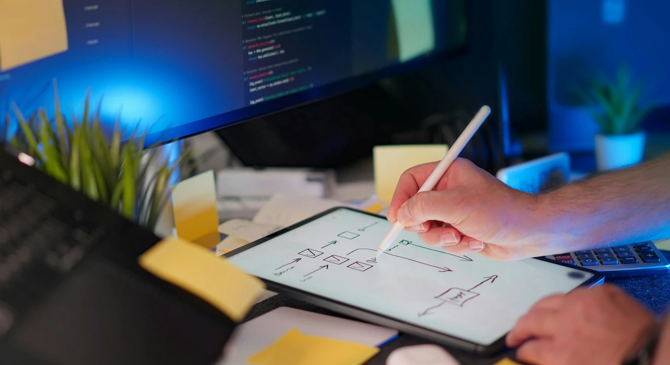 a PM doing system design work on a tablet screen