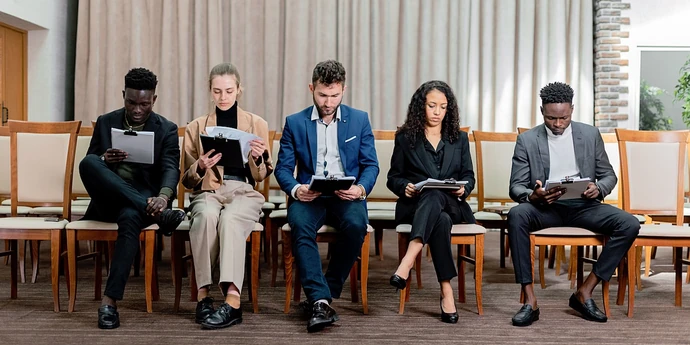 Job candidates waiting for interviews while reviewing their resumes and notes