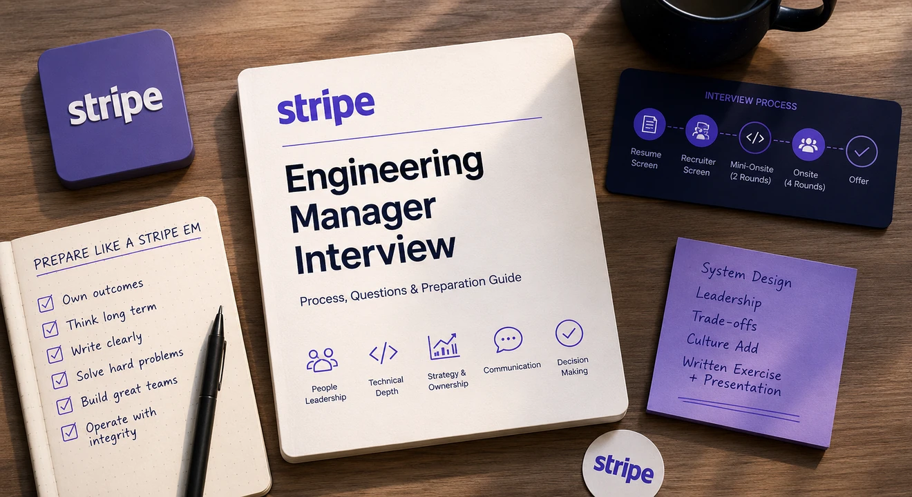 Stripe engineering manager interview prep materials showing the interview process, key EM traits, and topics including system design, leadership, and written exercise.