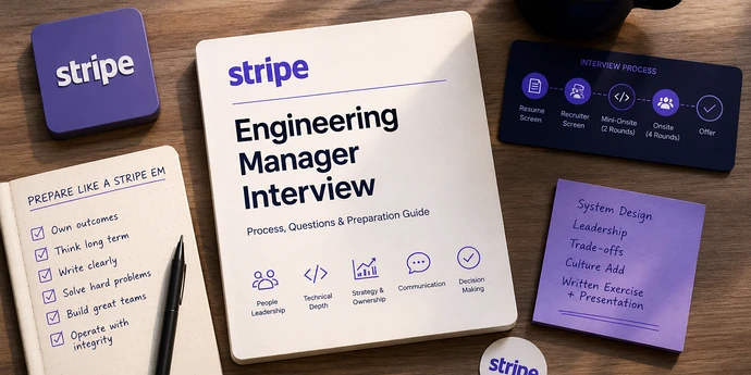 Stripe engineering manager interview prep materials showing the interview process, key EM traits, and topics including system design, leadership, and written exercise.
